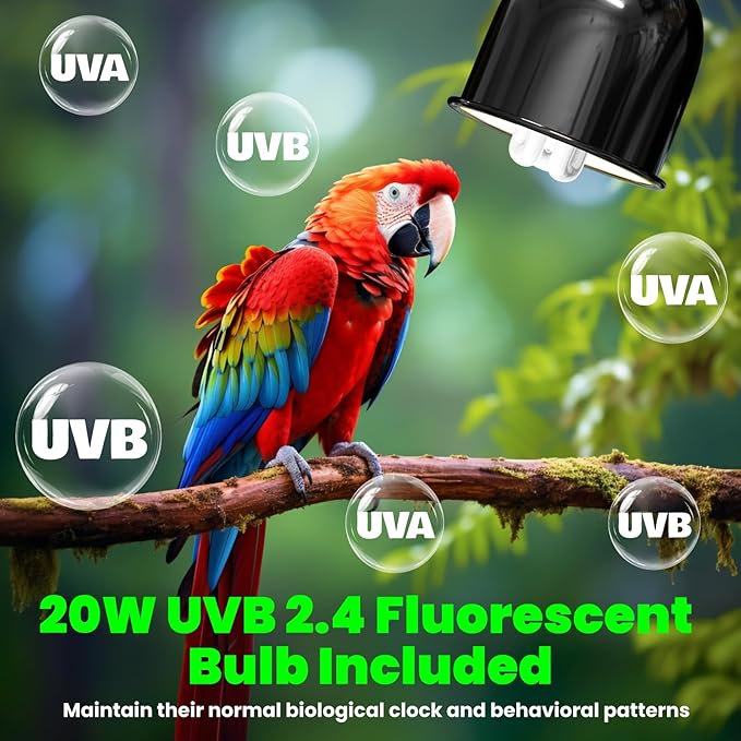 GlowUp Bird Cage Light Fixture Combo Kit, Deep Dome Lampshade with 2.4% UVB Bulb 20W, Bird Light for Captive Birds, Reptiles
