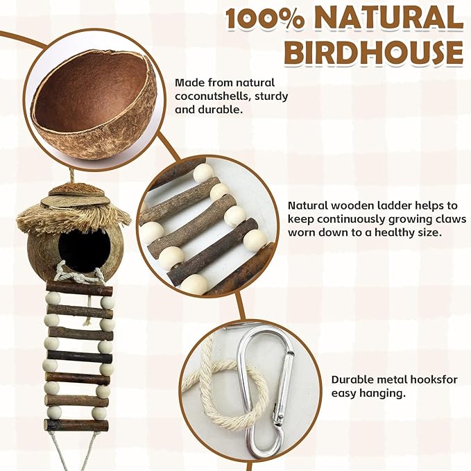 PINVNBY Hanging Coconut Bird Nest Hut with Ladder, Natural Coconut Hide Lovebird House Fruit Wood Bird Swing for Parakeet Cockatiel Budgie Conure Canary Finch Budgies