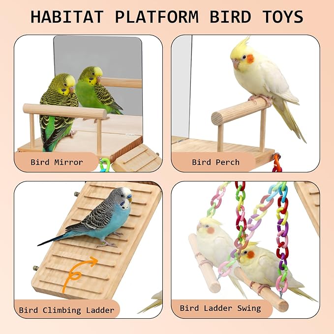 Bird Perches Platform Swing with Bird Mirror Climbing Ladder Birds Toys Cage Accessories for Cockatiels, Lovebirds, Pacific Parrotlets,Chinchilla, Hamster Play Gym Exercise Stand (with Mirror)