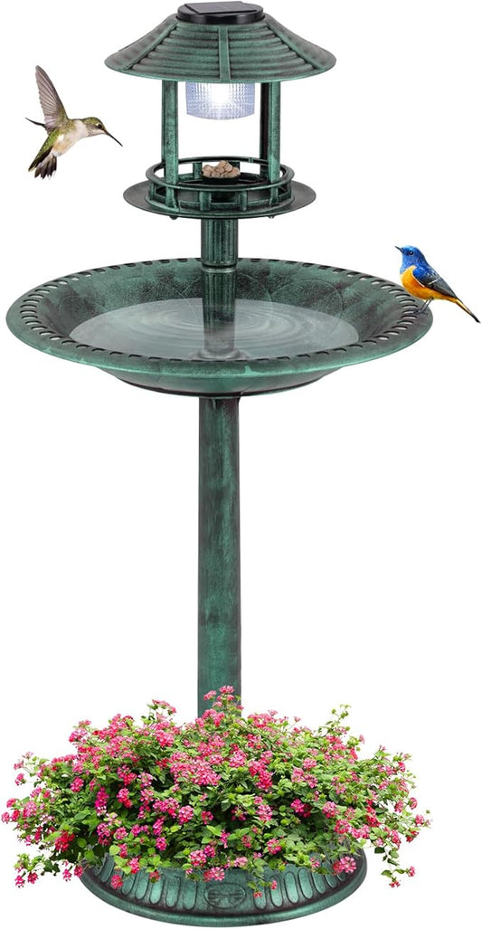 Giantex 42 inch Bird Bath Solar Lighted, Pedestal Bird Bath with Bird Feeder, Flower Planter Base, Solar Powered Lamp, 3 Ground Stakes, Standing Birdbath for Outside Garden Yard Outdoor (Green)