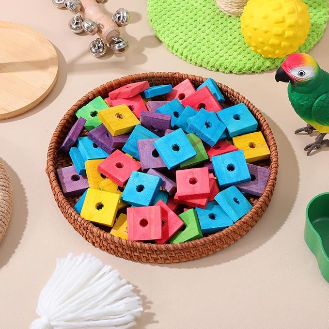 NOLITOY 100Pcs Wooden Parrot Chewing Toy Blocks with Hole Bird Bite Toy for Cockatiels Parakeets Macaws African Grey DIY Wood Chip Design for Pet Entertainment and Skill Development
