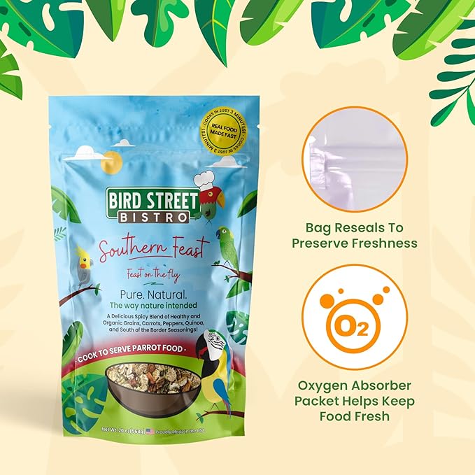Parrot Parakeet Cockatiel Food - Bird Food - Cooks in 3-15 min with Natural Grains - Legumes - Non-GMO Fruits, Vegetables, & Health Orientated Spices (4.00 Pound (Pack of 1), Southern Feast)