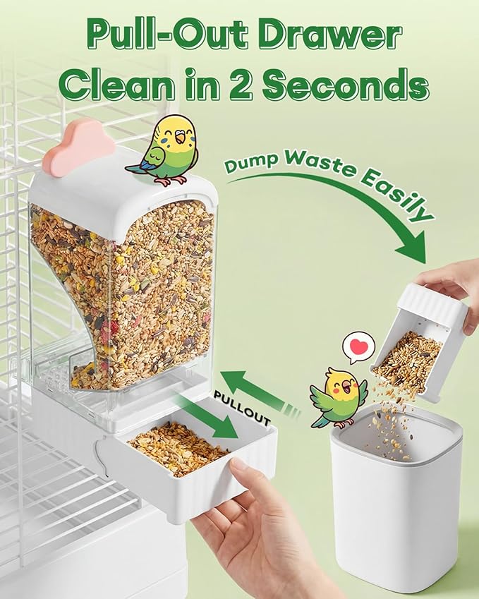 Bucatstate Automatic Bird Feeder for Cage, No Mess Self Cleaning, Large Capacity with Waste Drawer, No Installation Required, Parakeet Feeder for Parrots Budgies Cockatiels Canaries (Pink White)