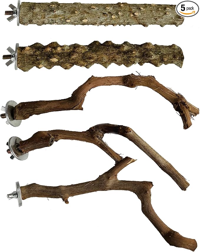 5 PCS Natural Wooden Parrot Stand Bird Perch Stand Grape Stick Hanging Multi Branch Perch for Parrots, Bird Cage Accessories