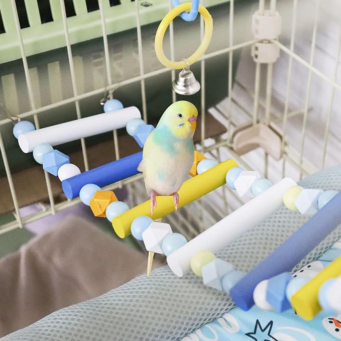 WishLotus Climbing Ladder and Five Colored Ring Bird-Toys, 2 PCS Up and Down Parrot Toys, Bird Cage Toys for Budgerigar, Red-Billed Leiothrix (Blue+Yellow)