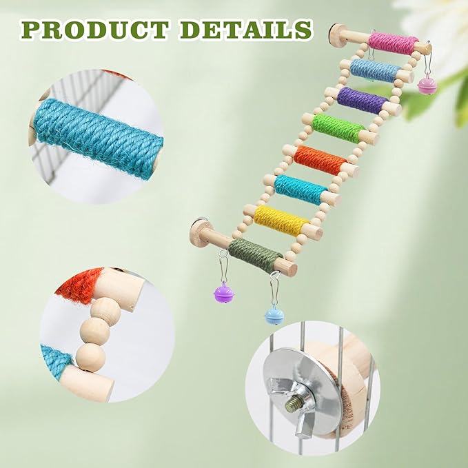 Bird Cage Accessories, Wooden Bridge with Colorful Rope on Steps, Bird Climbing Ladder Perch for Budgies, Cockatiels, Lovebirds, Quakers, Green Cheeks, Other Small to Medium Birds