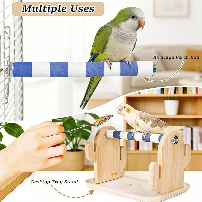 Wood Bird Perches Stand，2-in-1 Parrot Perch Stand，Portable Bird Stand，9.1''L*5.3''W*5.7''H Bird Training Perch with Removable Plastic Tray for Small and Medium-Sized Birds Play Stand(Cheese-Pink)