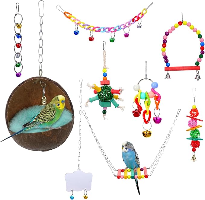 Natural Coconut Shell Bird Nest House, Anti-Pecking Bite with Warm Pad and Bell, Hanging Budgie Tent Beds with 8 Accessories for Bird Parrot Budgie Parakeet Cockatiel Conure Lovebird