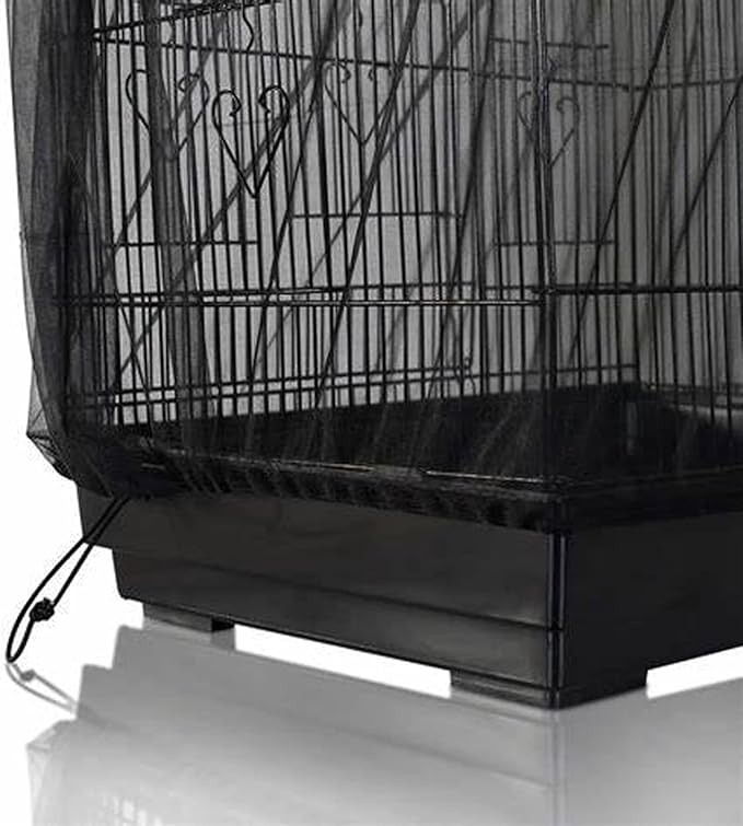 Bird Cage Seed Catcher, Large Airy Gauze Bird Cage Cover Guard, Adjustable Birdcage Nylon Mesh Net Cover (XL-118x32 in, Black)