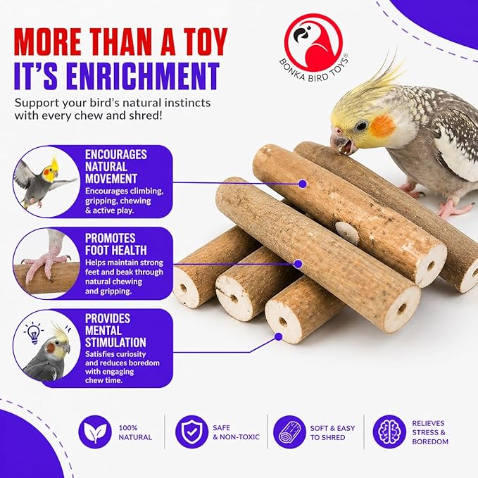 Bonka Bird Toys 1211 Pk6 Natural Bark Sola Sticks, 6-Pack, 3" Long, 1.25" Diameter, Soft Chew and Foraging Toy for Birds, Parrots, Parakeets, Cockatiels, Lightweight, Natural, Safe, Eco-Friendly
