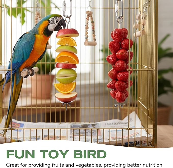 2 Pcs Bird Cage Food Holders, Stainless Steel Bird Feeder for Cage Parrot Foods Fruit Vegetable Stick Holder with Hook for Parakeets, Budgies, Macaws (2 Sizes)
