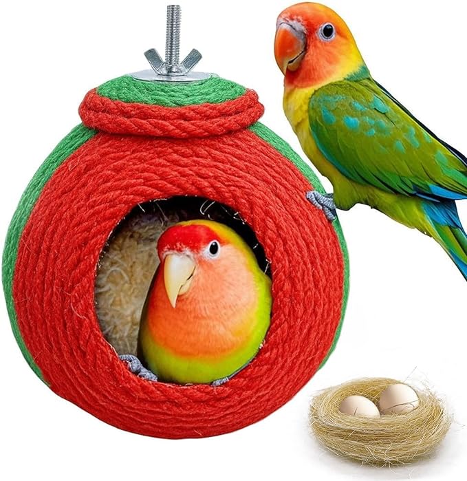 Bird Nest,Parrot Breeding House,Parakeet Natural Coconut Shell Hut,Hanging Budgie Nesting House with Coconut Fiber,Cockatiel Bed for Conure Lovebird Finch Birds