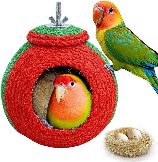Bird Nest,Parrot Breeding House,Parakeet Natural Coconut Shell Hut,Hanging Budgie Nesting House with Coconut Fiber,Cockatiel Bed for Conure Lovebird Finch Birds