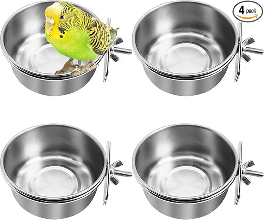 kathson 4 Pack Stainless Steel Bird Bowls, Parrot Feeding Dish Cups with Clamp Holder Bird Feeders Water Cage Bowl for Parakeet Cockatiels Conure Budgies Lovebird Finch and Small Animals
