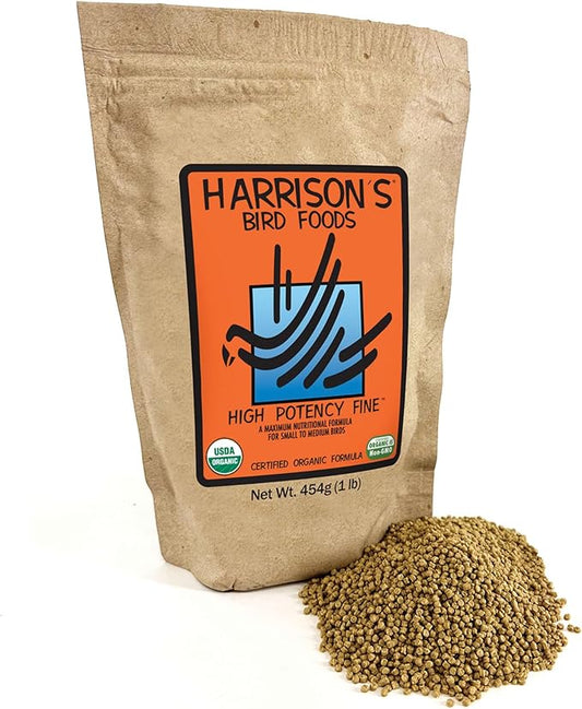 Harrison's Bird Foods High Potency Fine - Certified Organic, Non GMO Formula for Small to Medium Birds - Human Grade Pellets for Molting, Recovering & Weaning Chicks with Balanced Nutrition (1lb)