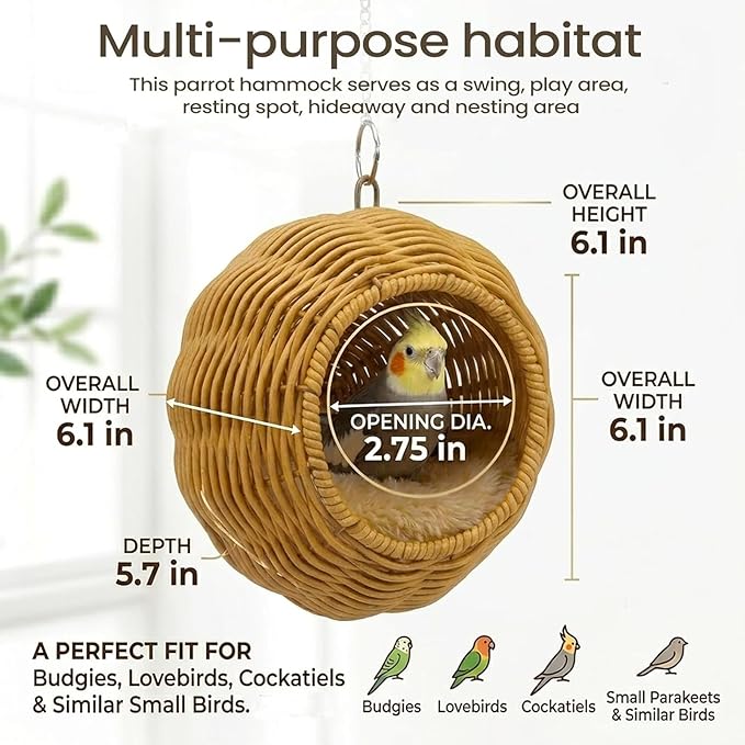 Rattan Bird Nest Chewproof Steel Frame Parakeet Nesting House for Cage, Small Bird Hammock Parrot Sleeping Bed with Soft Mat for Cockatiels Budgerigars Finches Canaries