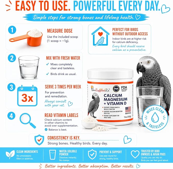 UnRuffledRx™ Bird Calcium Plus with Magnesium and D3, Dissolves Clear and Tasteless in Water, Supports Bone, Muscle, Feather and Egg Health, 45 Servings, Made in FDA-Registered USA Facility