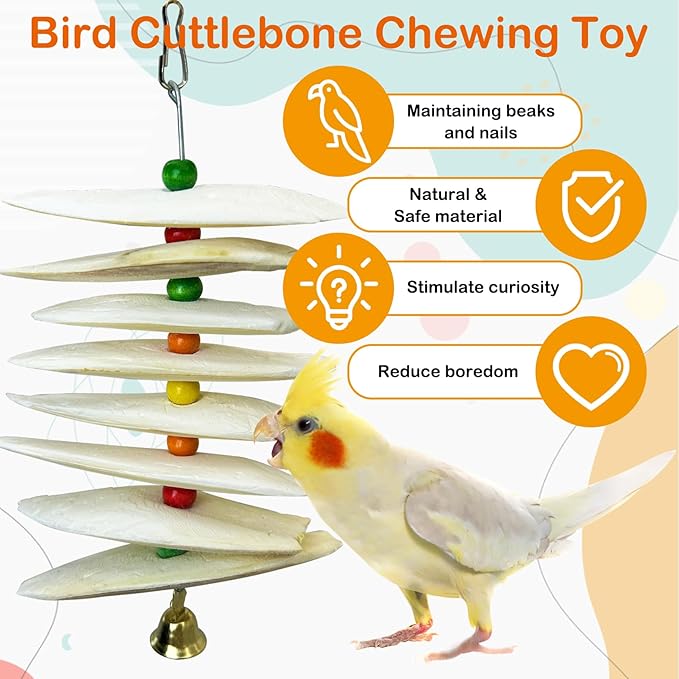 3 Pack Bird Toys with Cuttlebone,Parrot Toy Bird Beak Grinding Stone Parakeet Cage Accessories for Small & Medium Budgies Lovebirds Cockatiels (Flake,8 Per Skewer)