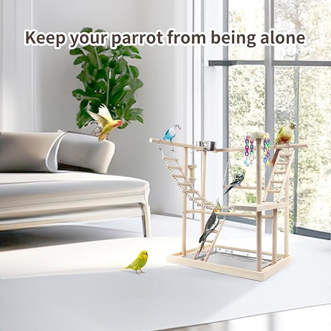 Bird Playground, Parrot Play Stand with 2 Layers of Stand Toys, Playpen for Parakeet Cockatiel Lovebirds, Exercise Playgym with Feeding Cups Stainless Steel