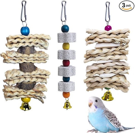 PINVNBY 3 Pack Parrot Toys Chewing Bird Toy Cuttlebone Beak Grinding Stone Cage Hanging Toys with Bell for African Greys Amazon Conure Eclectus Budgies Parakeet Cockatiel Hamster Chinchilla