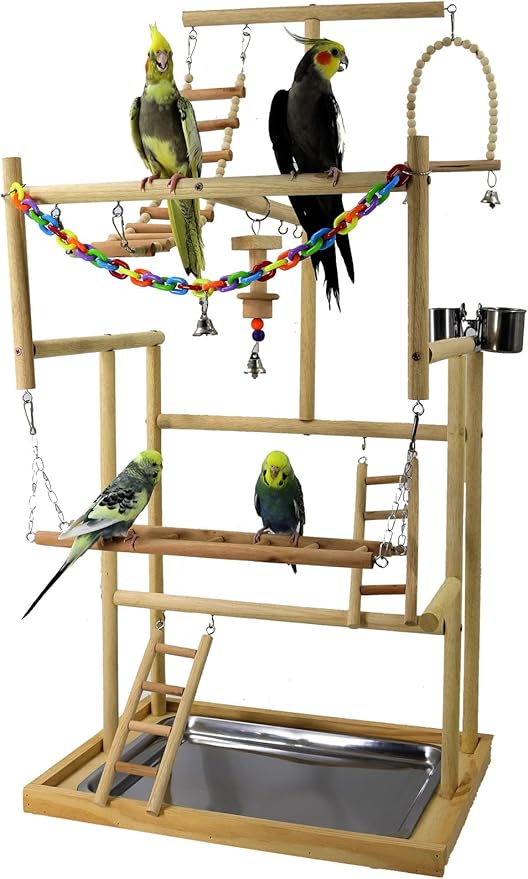 Bird Playground Parrot Playstand Natural Wood Bird Perches Stand, Bird Play Gym Playpen for Parakeet Cockatiel Bird Toys, Bird Cage Accessories, with Removable Tray and 4 Stainless Steel Cups