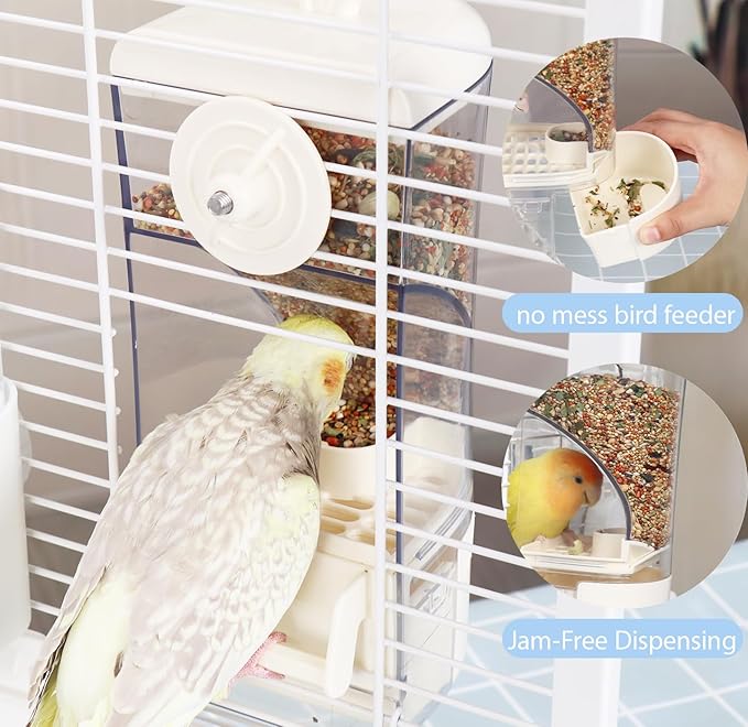 No-Mess Bird Feeder & Waterer Set for Cage, 300ml Auto Feeder with Seed Hull Catcher & 400ml Stainless Steel No-Backflow Drinker, for Cockatiels Conures Parakeets