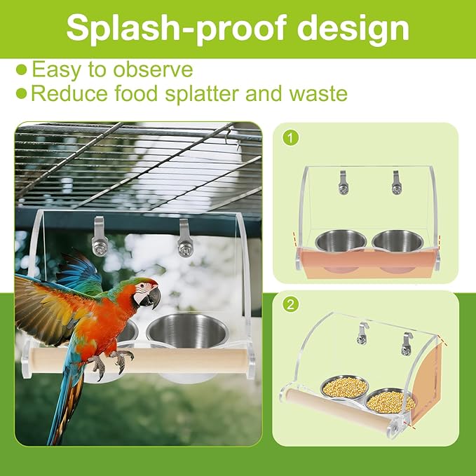 Bird Feeder for Cage,Transparent Parrot Feeder with Nonslip Wood Perch, Stainless Steel Birds Food Bowl Water Bowl, Bird Cage Seed Catcher for Small Medium Parakeet Cockatoos Lovebirds Budgies Conures