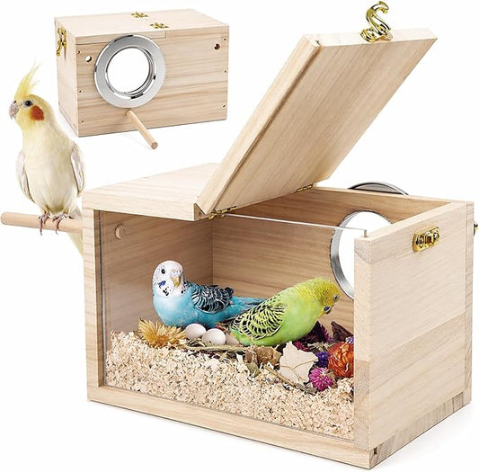 Rypet Parakeet Nesting Box Transparent Design, Thwartwise Bird Nest Breeding Box with Perch Wood Bird Cage House for Cockatiel Lovebirds Budgie Finch Parrotlets Canary S
