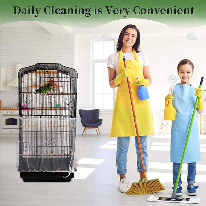 Daoeny 2Pcs Bird Cage Cover, Adjustable Soft Airy Nylon Mesh Parrot Net, Universal Feather Seed Catcher, Birdcage Cover Skirt Sheer Guard for Round Square Bird Cages (White +Black)
