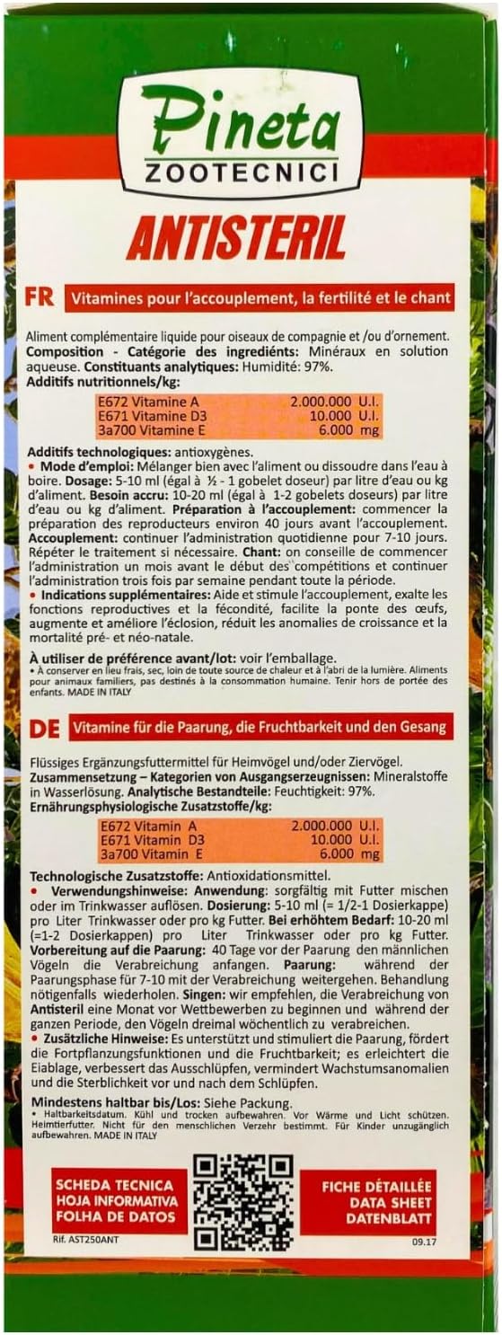 Pineta Antisteril Nutritional Antioxidant Supplement for Birds - Increases Mating, Fertility and Singing (250g)