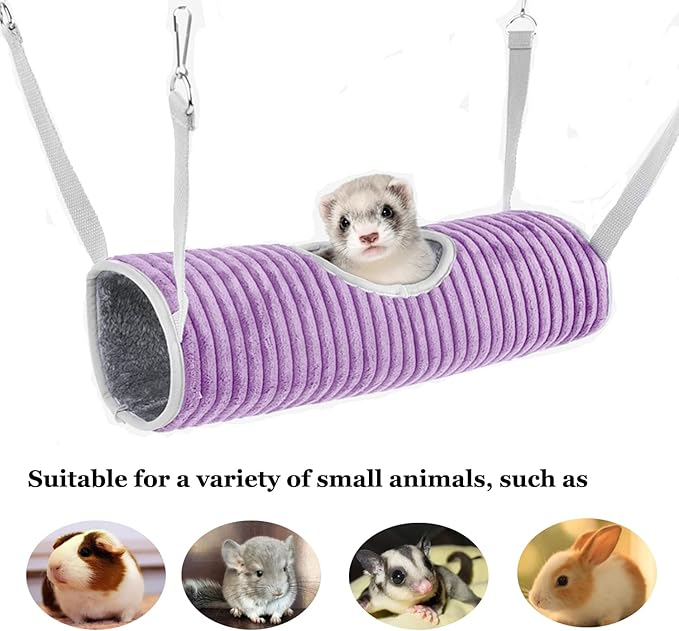 Small Animal Hammock Tunnel Bed, Warm Hamster Nest in Winter, Hanging Tunnel Hammock Toys for Guinea Pigs, Ferrets, Sugar Gliders(Purple)