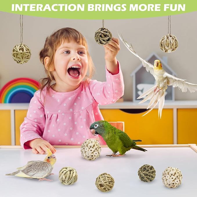 BNOSDM 8PCS Sola Balls Shred Toy Natural Bird Chew Toys Lightweight Conure Foot Toy Interactive Parrot Foraging Toys Bird Chew Balls with Hemp Rope Hook for Budgies Cockatiels Parakeets Senegal