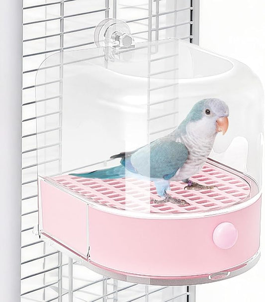 mini&moe Bird Bath for Cage, 4 in 1 Multifunction Birds House/Bath/Litter Box/Feeder Room, Bird Cage Accessories for Pet Birds Conure Budgies Cockatiels Lovebird,Finches, Parakeets, Mannikin,Pink