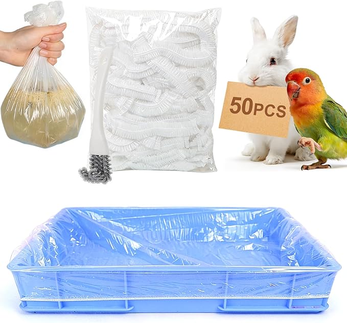 29x19 Inches Disposable Bird Cage Liner Bags, 0.6 Mil 50 Pack Plastic Leak-Proof with Cage Cleaning Brush, for Parrots, Rabbits, Guinea Pigs