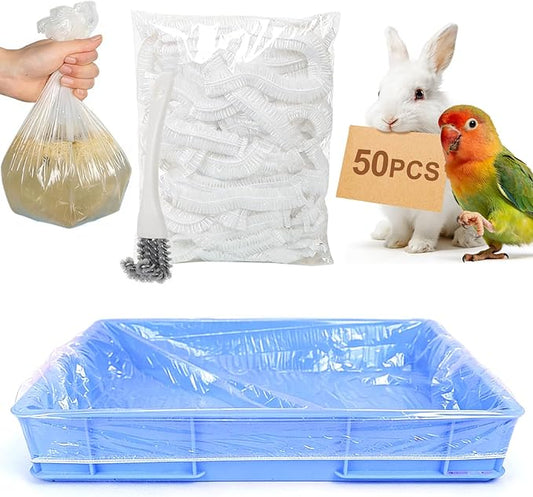 29x19 Inches Disposable Bird Cage Liner Bags, 0.6 Mil 50 Pack Plastic Leak-Proof with Cage Cleaning Brush, for Parrots, Rabbits, Guinea Pigs