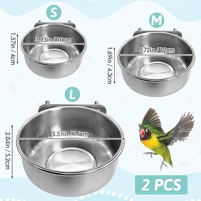 PINVNBY Stainless Steel Bird Bowl Parrot Food Water Bowls with Clamp Holder Bird Feeder Dish Cups Crate Bowls for Cockatiel Pigeons Conure Budgies African Greys (2PCS Screw Size: S)