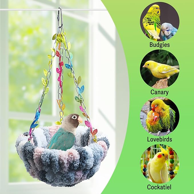 kathson Hanging Bird Bed, Bird Hammock for Cage Winter Warm Bird Plush Nest Parrot Sleeping Bed for Budgie Lovebird Conure Quaker (Diameter 6.3 in, Grey)