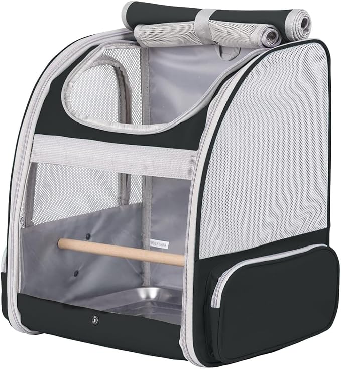 Bird Backpack Carrier with Stand Perch, Bird Travel Backpack for Hiking, Airline Approved Black Bird Backpack