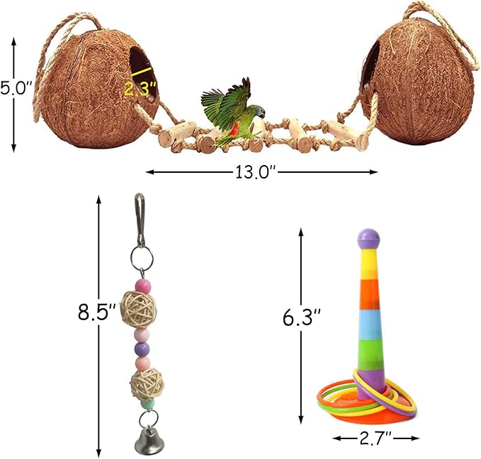 kathson 5PCS Bird Hides Coconut Nest with Ladder Perches Hanging Parrot House Cage Natural Coconut Fiber Parakeet Chewing Toys Intelligence Training Rings for Small Budgies Cockatiels