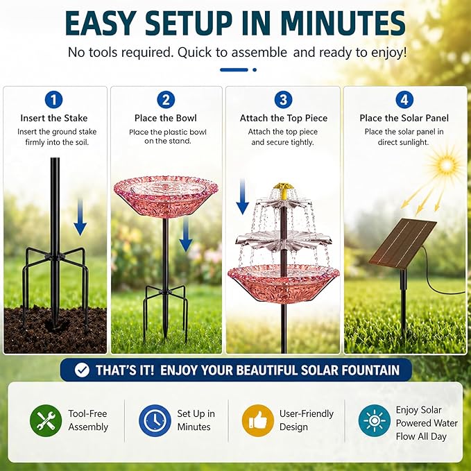 Bird Bath Fountain Solar for Outside, Outdoor Water Fountain Plastic, Attracts Birds with Cascading Spray for Yard & Patio (Pink)