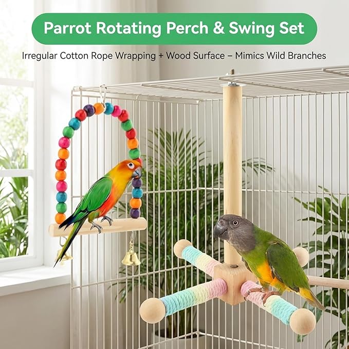 Hanging Bird Perch Toy, Parrot Interactive Rotating Perch, 360°Silent Free-Spin, Wooden Bird Cage Accessories for Standing, Climbing and Perching