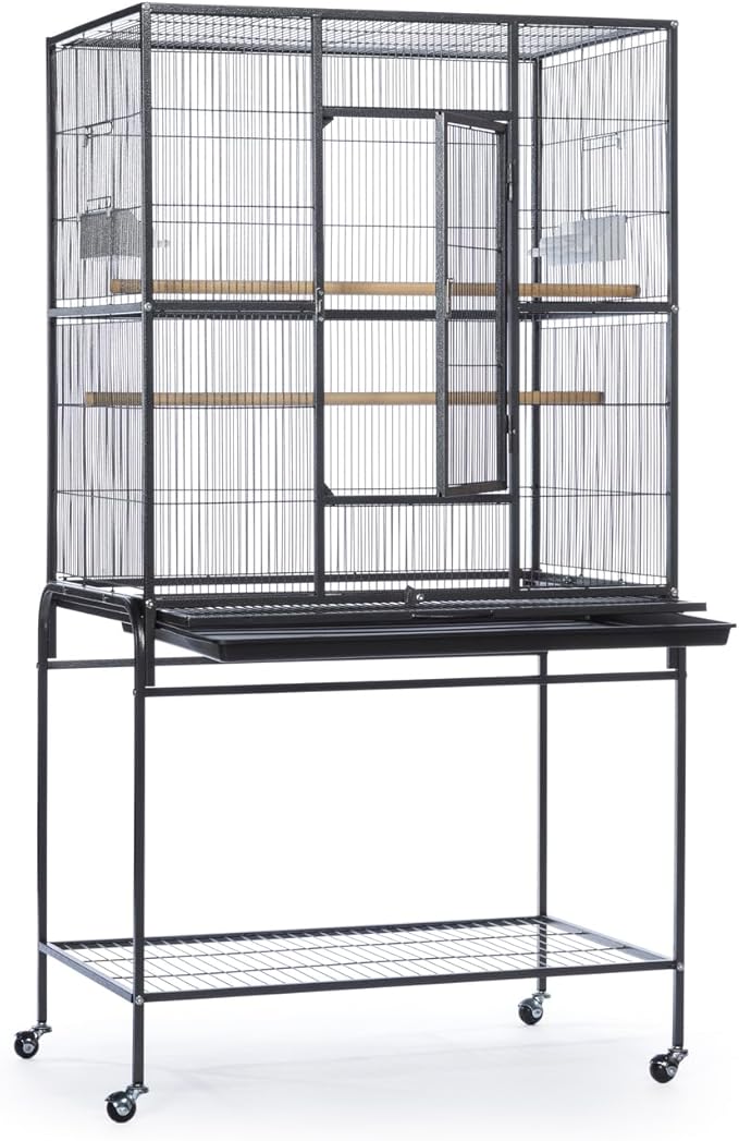 Prevue Pet Products Flight Cage with Stand - Large Metal Bird Cage with Removable Tray, Wood Perches, Double Feeders & Storage Shelf on Rolling Casters, Ideal for Small to Medium Birds - Black