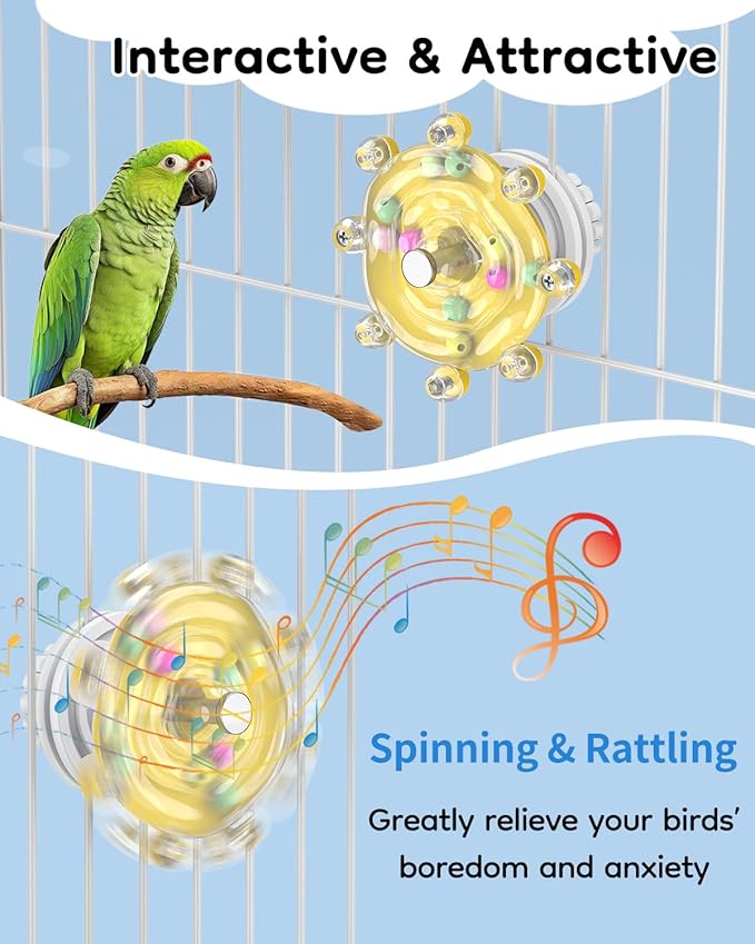 Pawfly Bird Toys for Parakeets, Colorful Spinning Wheel Chew Toy, Interactive Spinner Rattle Parrot Toys, Cockatiel Toy, Parakeet Toys, Bird Cage Accessories for Entertainment Chewing Exercise, Yellow