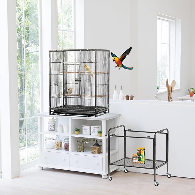 VINGLI 53-inch Bird Cage with Wheels, Durable Wrought Iron Parakeet Cage with Slide Out Tray, Black Bird Cages for Parakeets/Lovebird/Cockatiels/Budgies and Other Small/Medium Birds (Black, 53 inch)