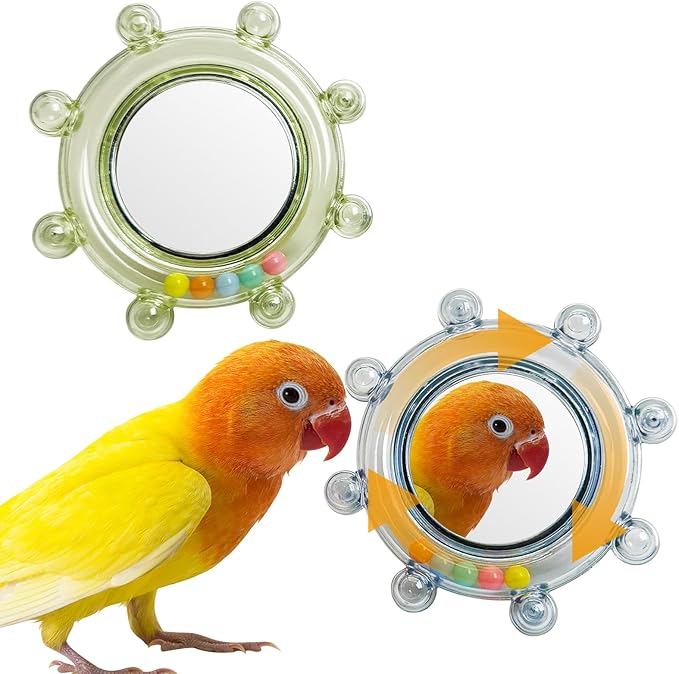 Hamiledyi Bird Rotating Toys with Mirror Interactive Spinner Rattle Parrot Toy Birds Chewing Toy Parakeet Cage Accessories for Entertainment Suitable for Conure Cockatiel Lovebird(Blue and Green,2PCS)
