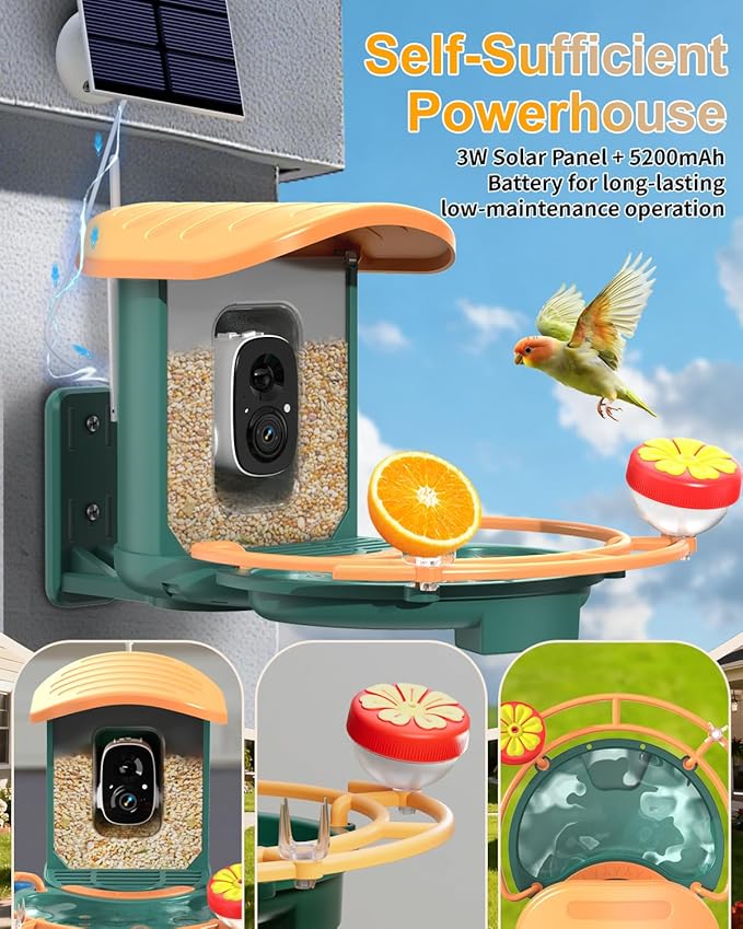 Bird Feeder with Camera, 2K HD Camera Birds Feeder with AI Bird Recognition, Solar Powered Smart Birdfeeder with Bath, App Control, Color Night Vision, Gift Box Package, Easy Install