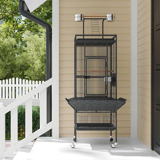 GarveeHome 61 in Large Bird Cage, Metal Finch Cage with Play Top, Rolling Stands, Feed Bowls, Wide Tall Parrot Cage for Parakeets, Conures, Cockatiel, Cockatoo, Black