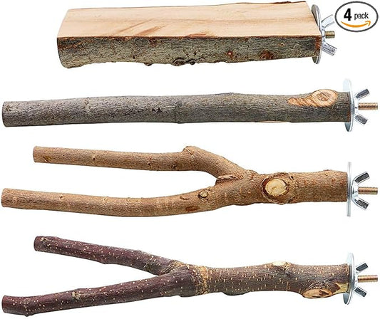 4 Pack Natural Wood Bird Perch Parrot Stand Branches Fork Toys,Pet Bird Cage Wooden Hanging Perch Platform Hammock Swing Toy for Small Parakeets,Budgies,Cockatiels,Conures,Finches