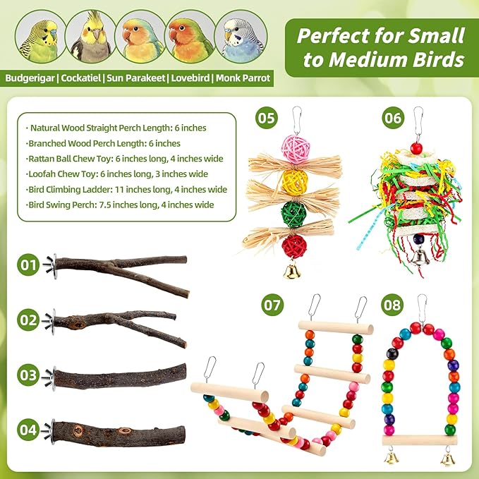 8 PCS Bird Toys & Perches Set - Natural Apple Wood & Hardwood Branches, Birch Ladder Swing, Foraging Shredding Chewing Toys for Parakeets, Cockatiels, Small Medium Bird Cage Accessories