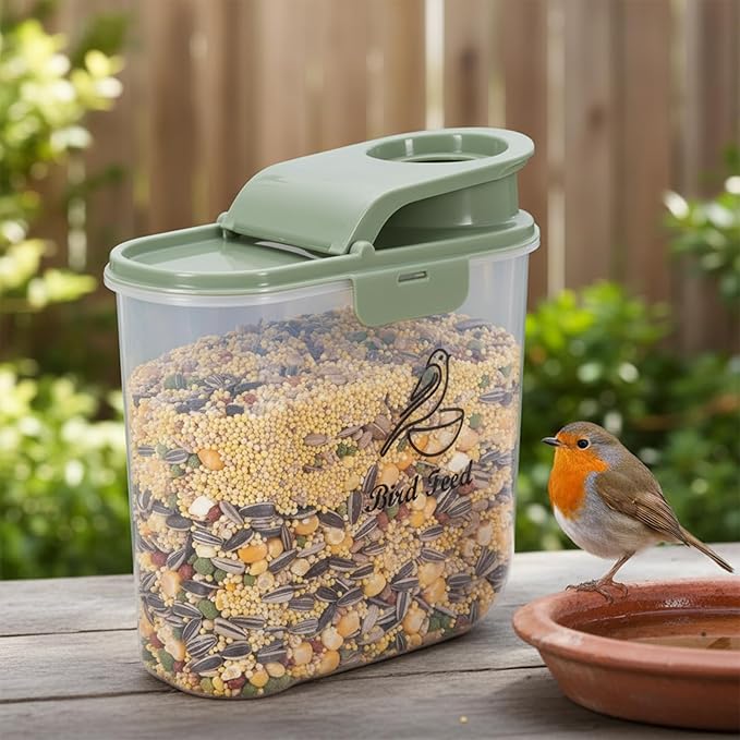 Bird Seed Storage Container, 2.1 Qt/2 L, Airtight, Flip Lid & Pour Spout, Bird Food Container with Scale for Sunflower Seeds, Portable Travel Kibble Storage Dispenser for Small Animal, Green